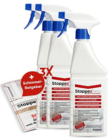 Stoppex Aktiv(3) I Profi Schimmelentferner gegen Schimmel für Wand, Bad und Silikonfugen I Extrastarker, chlorhaltiger Anti Schimmelspray gegen Stockflecken u. Schimmelpilz