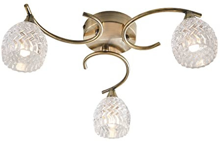 National Lighting Reagan Decorative Antique Brass Curved Arm Semi Flush Ceiling Light with 3 Patterned Cut Glass Shades