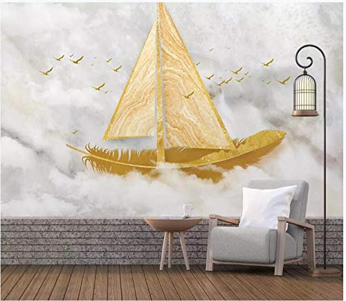 Papier Peint Panoramique Tapisserie Intissé Murales 3D Décoration Murale Effet Trompe Loeil Marbre De Voilier Doré