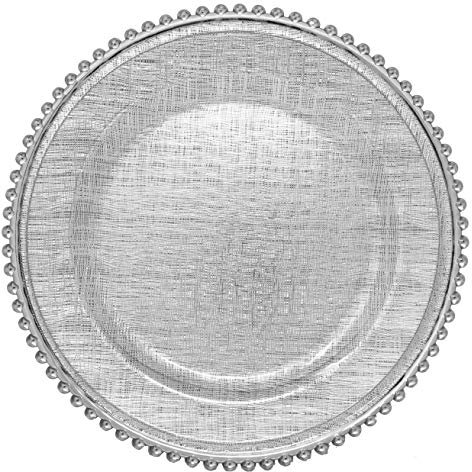 Ms Lovely Cross-stitch Pattern Glass Charger 13 Inch Dinner Plate With Beaded Rim - Set of 4 - Silver