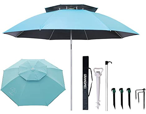 Ombrelloni da spiaggia 15 m Grande parasole portatile antivento con ancoraggio di sabbia per patio, giardino, spiaggia, all'aperto, pesca, piscina (Bule)