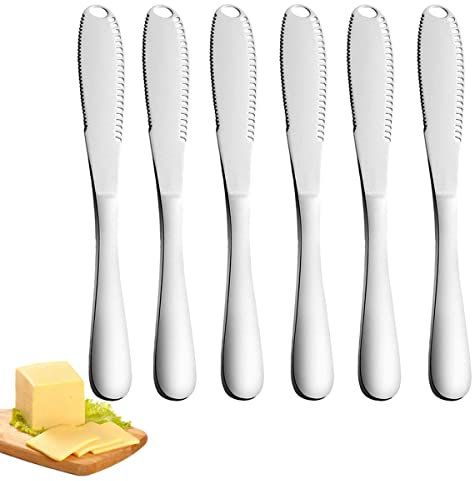 Forreen Couteau à Beurre, 6 Pièces Épandeur à Beurre avec Bord Dentelé Professionnel 3 en 1 Couteau à Beurre pour Couper Légumes Fruits Fromage (Argent,8.66x0.95in)