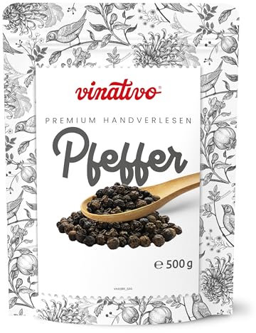 vinativo Schwarzer Pfeffer - ganz - 500g - Premium Qualität - schwarze Pfefferkörner für die Mühle geeignet