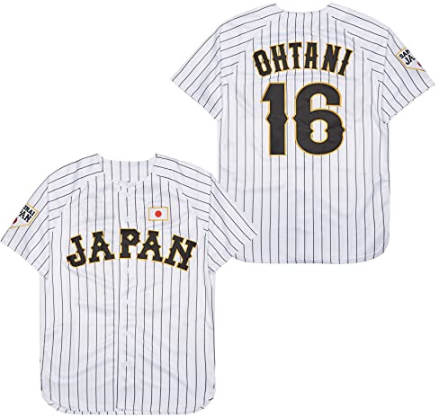 Herren #16 Ohtani Jersey Japan Samurai Weiß Schwarz Nadelstreifen Hip Hop Baseball Trikot (XXL, Schwarz), Weiss/opulenter Garten, XX-Large
