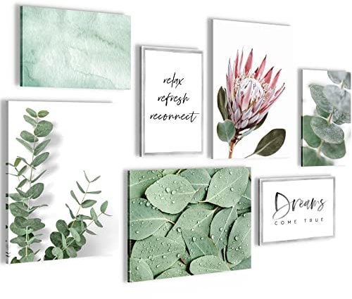 Novart Wandbilder Grüne Blätter Pflanze - KOMPLETT AUFHÄNGFERTIG - Natur Blumen Wohnzimmer Schlafzimmer - 7 Moderne Mood-Bilder - N005371a