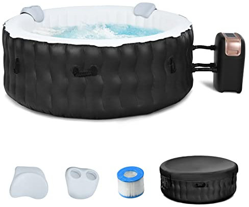 GOPLUS Aufblasbarer Massagepool für 2-4 Personen, Indoor & Outdoor Beheitzter Pool mit 108 Massagedüsen, Filtersystem, Abdeckung, Massagepool für Bubble Spa, 180 x 68 cm (mit Kopfstütze, Schwarz)