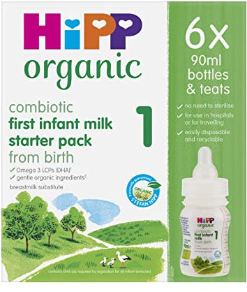HiPP Organic 1 First Infant Baby Milk Ready to feed liquid formula starter pack, From birth (6 x 90ml bottles)