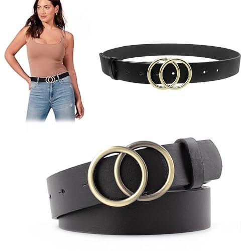 XPOOP Cintura Moda Donna Cinture Cintura Donna Cintura Donna Elegante Donne Cintura in Pelle Doppio Anello Fibbia Oro per Jeans Vestiti Pantaloni Le Signore Cinture Sottili Vestito (Nero)