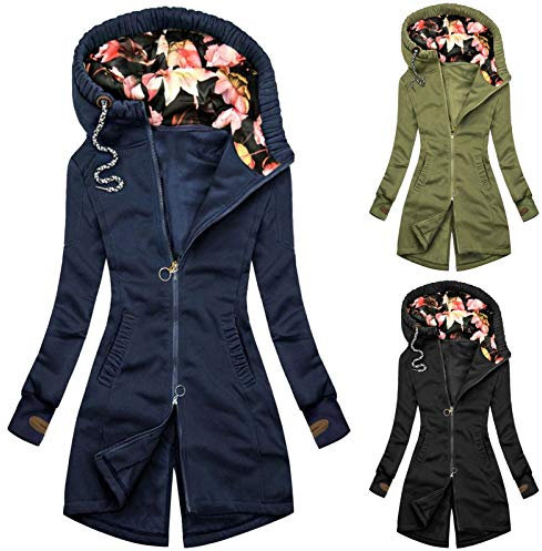 SRZYMJ Lange Kapuzenjacke Damen, Damen Casual Lange Kapuzenjacke Mode Reißverschluss Jacke Gemütlich Lose Taschen Tunika Taille Gürtel Jacke Grün Steppjacke Damen Leicht Mit Beutel