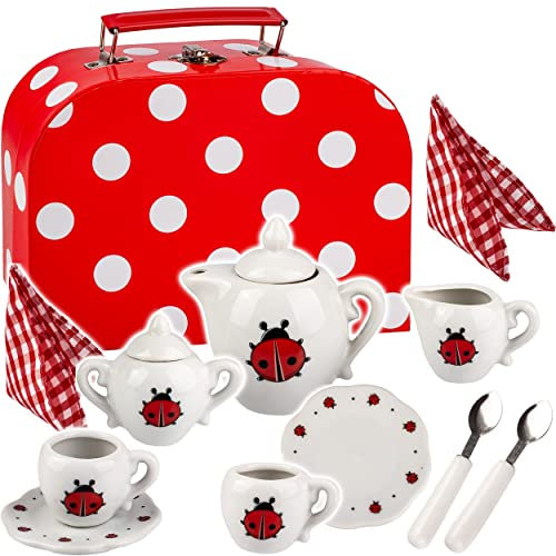 alles-meine.de GmbH 14 TLG. Set Picknick Koffer - Puppengeschirr/Teeservice & Kaffeeservice - Marienkäfer & Punkte - Geschirr Porzellan/Keramik - Porzellangeschirr - Kinder..