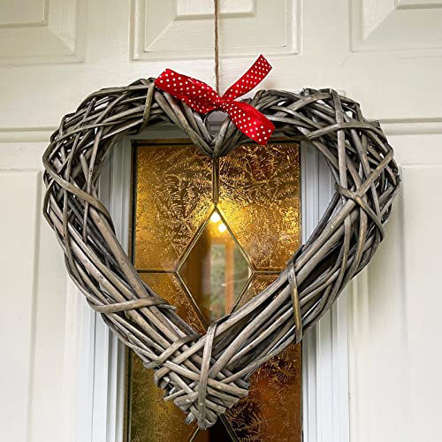 Wide Wicker Heart Wreath Red Ribbon Bow White Polka Dots Rustic Door Wall Decor 30cm