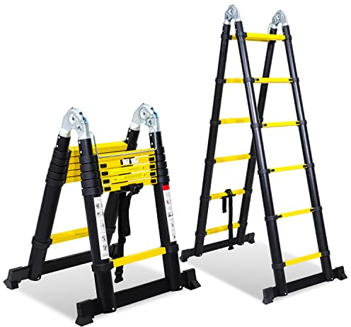 Izrielar Teleskopleiter 3.8M, Faltbar Mehrzweckleiter Leiter Aluminiumleiter, Rutschfester Ausziehbare Stehleiter, 1,9M+1,9M Faltbar Stehleiter, Stabil Sprossenleiter bis 150KG, Schwarz