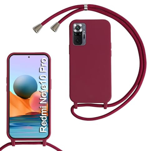 MBSLFY Silikon Handykette für Xiaomi Redmi Note 10 Pro/Note 10 Pro Max Hülle mit Band,Silikon Necklace Handyhülle mit Abnehmbar Kordel zum Umhängen Stossfest Bumper Handy Schutzhülle Case, Rot