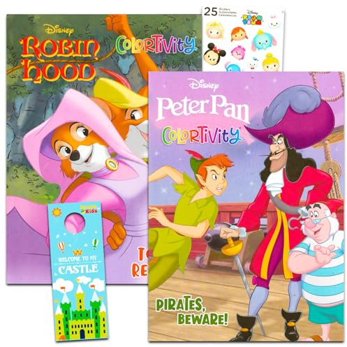 Disney Peter Pan Coloring and Activity Book Set for Kids - Bundle with 2 Jumbo Disney Books Featuring Peter Pan and Robin Hood with Stickers, Door Hanger and More | Disney Coloring Pack