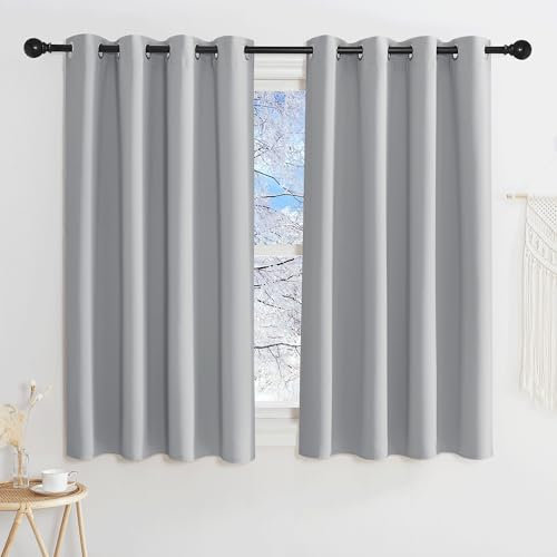 KGORGE Verdunklungsvorhang Kurz Ösenvorhang 2er Set Fenster Blickdichte Gardinen mit Ösen Thermovorhang gegen Hitze, Hellgrau 145 x 140 cm(HxB)