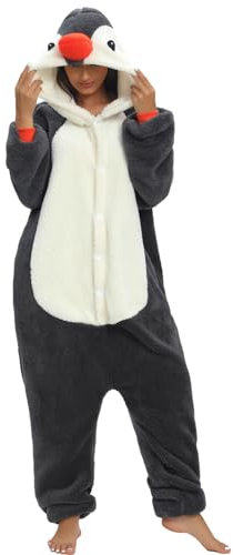 chuangminghangqi Pigiama Donna Inverno Lungo Costume Animali Costume Adulto Tuta Pigiama Donna Pigiama Pile Onesie Vestiti con Cappuccio e Zip (Grigio Pinguino-7131, XL)