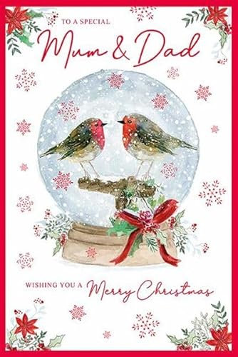 Paper Rose Weihnachtskarte für Mama und Vater, Rotkehlchen in einer Schneekugel mit glitzerndem Finish, umweltfreundlich und recycelbar