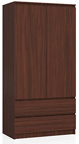 AKORD Zweitüriger Kleiderschrank S 90 cm 2 Schubladen mit Regalen und Einer Kleiderstange für EIN Schlafzimmer Kleiderschränke Minimalistischer Stil Laminierte Platte 16 mm Farbe Wenge