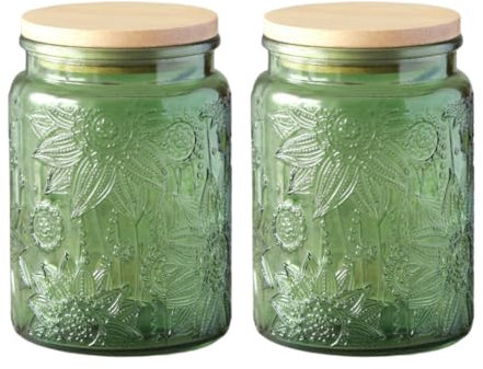 ANSQU Set of 2 Glass Jars with Lids, 700ml Vintage Glass Storage Jars, Cookie Jar Sugar Container for Kitchen Counter, Pantry, Candy Jar with Lid (Green)
