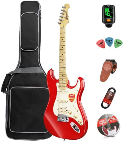 Bullfighter Kit per principianti per chitarra elettrica, 99 cm, full size, borsa, tracolla, corda, accordatore, cavo e plettri (rosso)