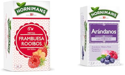 Hornimans Infusión de Frambuesa Rooibos 100% Natural | 20 bolsitas | Sin Teína & Infusión de Arándanos con Hibisco 100% Natural | 20 bolsitas | Con Teína