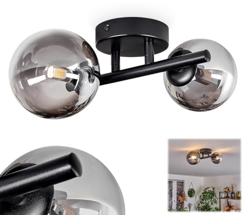 HOFSTEIN Deckenleuchte Chehalis, Deckenlampe aus Metall/Glas in Schwarz/Rauchfarben/Klar, Leuchte im modernen Retro/Vintage-Design mit Schirmen aus Glas (Ø 10 cm, 12 cm), 2 x G9