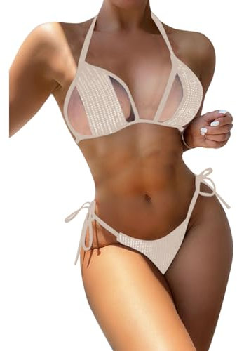 LEOMOSTE Sexy zweiteiliger Damen-Bikini, Badeanzug, Pailletten-String, Triangel-Bikini-Set, Tanga, Badebekleidung, Cutout-Beige, Large