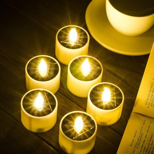 SoulBay Solar Candles, 6pcs Solar Tea Lights Outdoor Waterproof, Rechargeable Battery Flameless LED Candles Flickering for Graves Garden Lantern Balcony Outdoor Home Room Decorations, Warm White