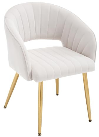 Homedraft Chaise de bureau moderne en velours avec dossier creux, chaise de salle à manger rembourrée avec pieds en métal doré, chaise d'appoint confortable pour salon, chambre à coucher, beige