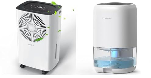 CONOPU Dehumidifier 12L/Day, Automatic Dehumidification, 24h Timer, Continuous Drainage & Dehumidifier 1000ml, Dehumidifiers for Home, Auto Off&Coloured LED Light