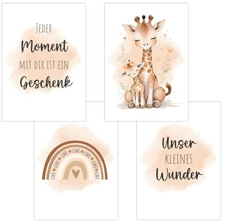4er Set Baby DIN A3 Bilder mit Giraffe, Regenbogen und Sprüchen, Poster mit Tiermotiv für Babyzimmer, 200g/m² Papier, Kinderzimmer Wanddeko, für Bilderrahmen, Dekoration für Jungen & Mädchen, Beige