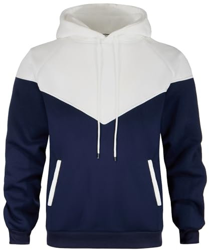 comefohome Mens Hoodies UK Pullover Color Block Sweatshirts Long Sleeve Fleece Hoody Drawstring Casual Designer Tops with Pockets White Navy L
