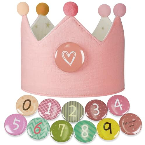 Ochomasun Geburtstagskrone Musselin -Umkehrbar Geburtstagskrone Junge & Mädchen, Klettbuttons mit Zahlen von 0-9, Geschenk für Krone Kindergeburtstag