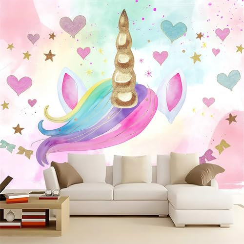 Papier Peints Panoramique Licorne Mignonne Abstraite Poster Mural Intissé 3D, Coloré Muraux Pour Salon Chambre Chambre D'Enfant Décoration Murale 200x140cm