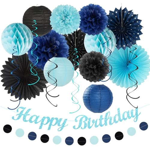 Light-Royal Navy-Blue Black Birthday Party-decorations - 21pcs Boys Men Happy Banner,Paper Streamers Lanterns Honeycomb,Tissue Pom Poms Fan,Adult Supplies Decor 16th 20th 40th 45th 50th 60th Huglony