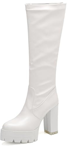 Gicoiz Donna Senza Chiusura Inverno Tacco Chunky Knee High Plateau Stivali Punta Rotonda Moda Equestrian Serata Warm Riding Booty Tacco a Blocco Bianco Numero 38 EU-39Cn