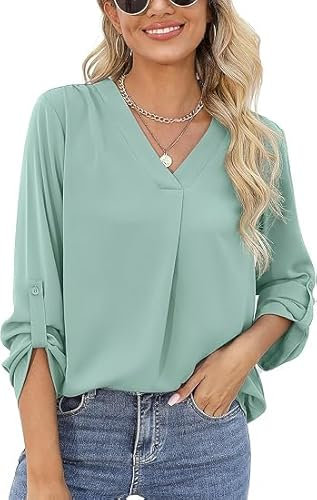 Yommay Women's Blouses Ladies Tops Elegant 3/4 Sleeve Chiffon Casual Fashion V-Neck T Shirts for Fall,QZ Green,2XL