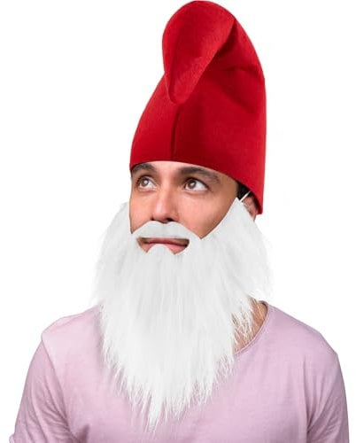 Jadive Zwerg Kostüm Set Zwergenmütze mit Zwergenbart Weißer Bart Karneval Wichtelmütze Weihnachtsmann Zipfelmütze Elfenmütze Lustiges Kostüm Zubehör für Erwachsene Halloween Weihnachtskostüm(Rot)