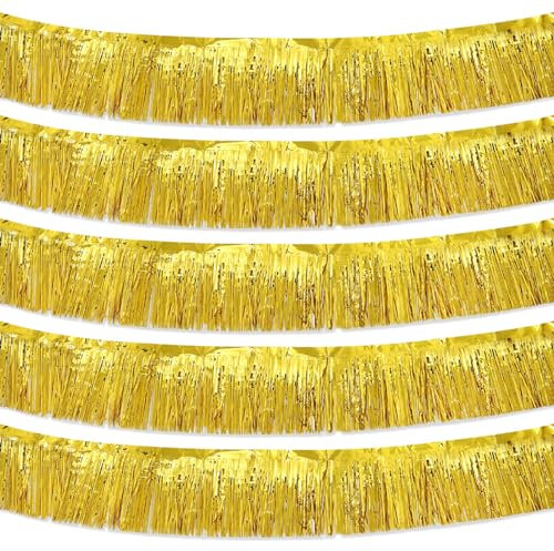 5 Stück 10 Füße Gold Fransen Girlande Metallic Wand Metallic-Folien Hängende Lametta Fringe Banner für Parade Schwimmt, Geburtstag Partydekor Hochzeit Weihnachten Neujahr Dekoration (Gold)