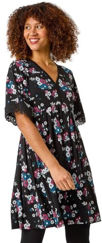 Roman Stretch Jersey Dress for Women UK - Ladies Gathered Waist A Line Swing Skater Fit & Flare A Line Winter Autumn Knee Length V-Neck Casual Smart Cocktail Party Going Out - Noir Floral - Size 12