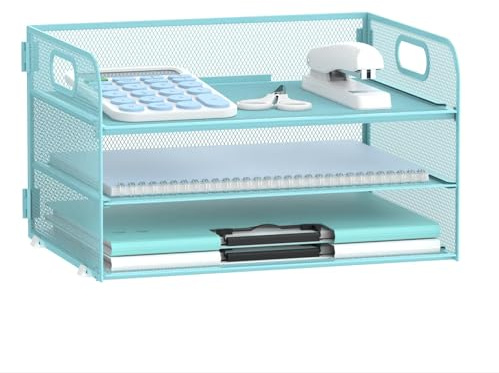 SUPEASY 3-Tier Papier Organizer mit Griff, Mesh Schreibtisch Organizer Brief Tray, Papier Tray Organizer Datei Organizer für A4 Datei Ordner, Blau