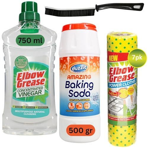 Baking Soda and White Vinegar for Cleaning Bundle - Including Bicarbonate of Soda for Cleaning, White Vinegar Concentrate, Non-Scratch Power Cloths and Soft Bristle Long Handle Cleanin