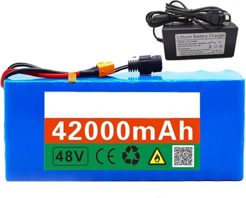 48V Elektrofahrrad Lithium-Ionen wasserdichter PVC-Akku Ersatzbatterie 48V 42AH für 200W 250W 350W Elektrofahrrad Scooter Motor, eingebauter BMS mit 42V 2A Ladegerät 48V 42Ah,T