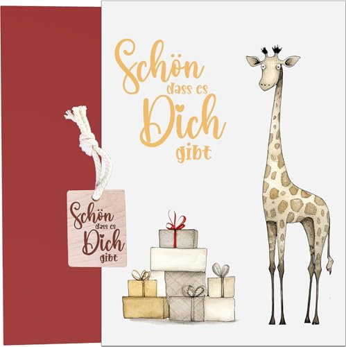 the lazy panda card company Große Geburtstagskarte Glückwunschkarte Grußkarte Karte mit speziellem - Schön dass es Dich gibt - Schlüsselanhänger aus Holz