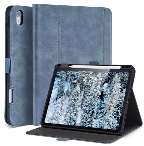 AsileCuir Case for iPad A16 (11th Gen)/iPad 10th Generation, Blue | Handmade Vegan Leather Cover, Pencil Holder, Pocket, Magnetic Clasp,Auto Sleep/Wake,Multi Angles Stand, Typing Angle