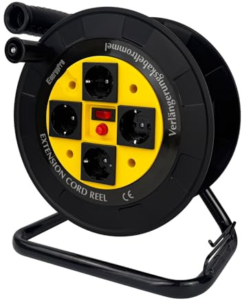 EnergyPro DL616B-EU Kabeltrommel leer IP44 4-fach Schuko Steckdosen, manueller Kabelaufroller mit klappbarem Griff, Leertrommel ohne Kabel