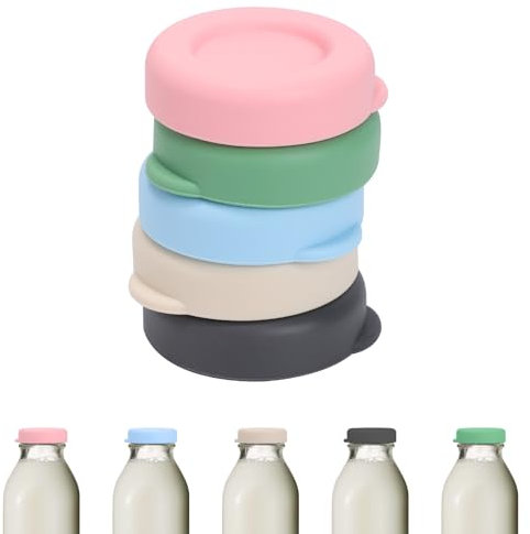 5 PCS Milk Bottle Tops Reusable Silicone Replacement Glass Milk Bottle Lids,48mm Diameter Fit for Stanpac & Libbey Bottles,100% Leakproof,Dishwasher Fridge Safe