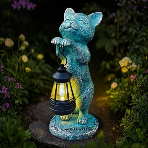 lifemet Solarbetriebene dekorative Statue für den Garten oder Balkon – Wetterfeste Tierskulptur aus Kunstharz Gartenliebhaber/Damen/Mütter (Grüne Katze)