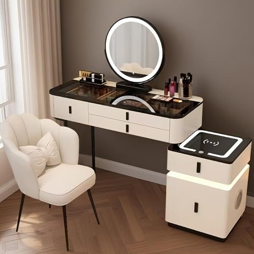 Schminktisch mit Spiegel und LED-Beleuchtung, Schminktisch mit Stuhl und Smart Circular Spiegel, Kosmetiktisch mit Glasplatte, Frisiertisch Modern für Mädchen (Weiß+Schwarz+Normale Tischbeine, 80CM)