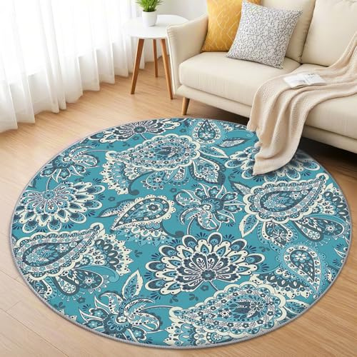 AevuCub Paisley Teppich Rund 120cm Kurzflor - Waschbare Teppiche Wohnzimmer Türkis - Runder Teppich 120 Durchmesser Kinderzimmer - Bettvorleger Schlafzimmer rutschfest Weich